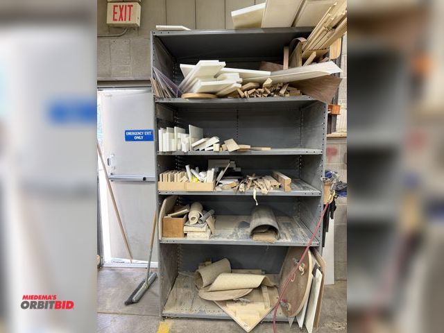 Lot 1-16631 - (1) adjustable metal shelving unit, 49" wide x 24" deep x 86.5" tall with assorted wood and plastic ...