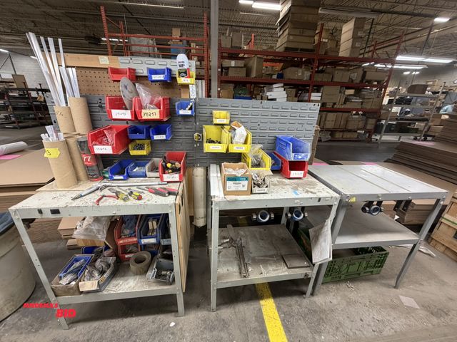 Lot 1-17492 - Lot of (3) steel tables with contents, 28.5" x 20.5" x 34" tall, includes Akro bin, backing plates, ...