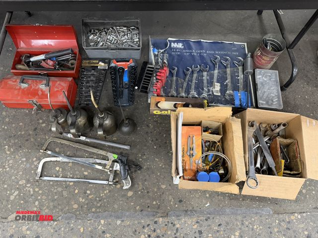 Lot 1-1034 - Large lot of assorted tools, including (1) MIT 14-piece angle open end wrench set, sizes 3/8" - 1-1/...