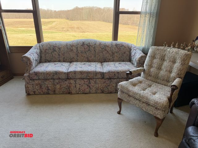 Lot 1-19183 - (1) floral print couch, approx. 84", and (1) wood framed padded seat and back chair.