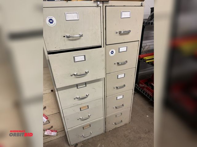 Lot 1-6268 - Lot of (2) file cabinets with contents, includes assorted lock out kit items, safety glasses, orange...