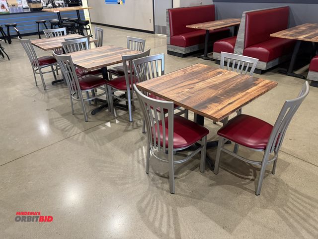 Lot 1-11167 - (3) 36" width x 29" height x 36" depth steel framed resturant tables with wood grain colored formica...