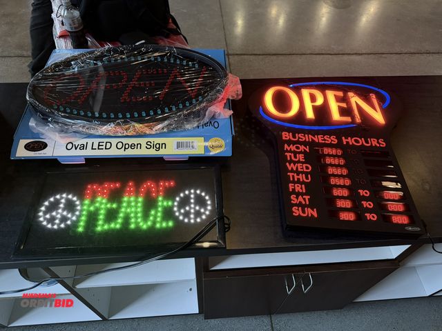 Lot 1-11283 - Lot of (3) lighted "Open" signs, 1 appears to be new in box (oval LED sign).