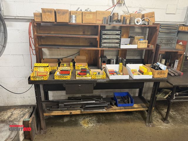 Lot 1-6369 - (1) steel shop table with upper wood storage, 72" x 31" deep, does not include contents, table only.