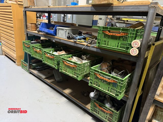 Lot 1-18634 - (1) heavy duty steel frame with wood shelving rack, 86 3/4" length x 24 3/4" depth x 60" height, wit...