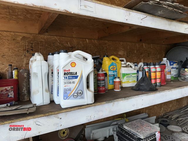 Lot 1-14197 - Entire content of shelf shown in photo, includes various spray cans of brake parts cleaner, brake fl...