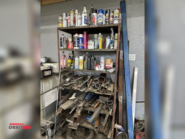 Lot 1-577 - (1) Rack, 36" width x 18" depth x 74.5" height, with contents of assorted scrap steel, spray paint, ...