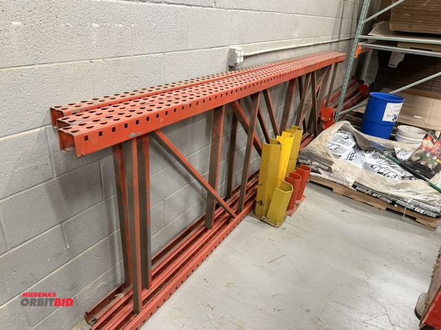 Lot 1-16659 - (3) Teardrop style heavy duty uprights, approx. 144" length x 42" depth (3" x 3"), includes (7) appr...