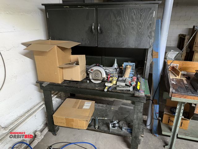 Lot 1-4807 - (1) wooden work bench, approx. 54" wide x 34.5" deep x 72.5" tall on casters, with contents of (1) S...