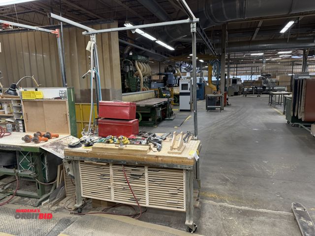 Lot 1-16496 - (1) steel frame work station table, approx. 60" x 30", overhead work structure, on casters, winning ...