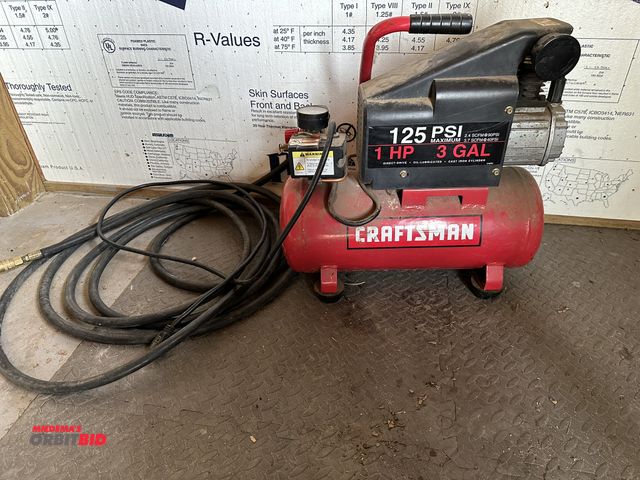 Lot 1-17817 - (1) Craftsman 1 HP/125 PSI/3 gallon capacity electric air compressor with approx. 20' hose, powers o...