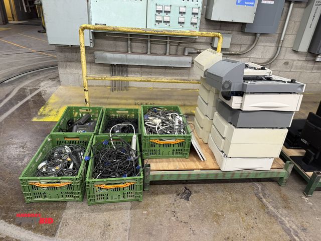 Lot 1-17550 - Large lot of assorted printer paper trays, PC plugs, wired mouses, Symbol Laser Scanners, power plug...