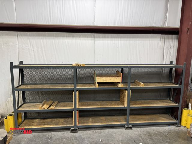 Lot 1-19467 - (1) heavy duty welded steel bench, 146" long x 18 3/4" deep x approx. 60" tall, wood shelves, mesh b...