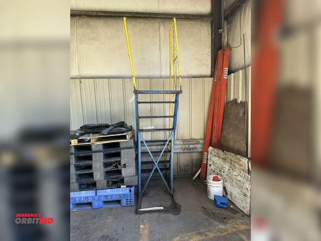 Lot 1-14389 - (1) Approx. 75" tall x 27" width steel stair unit for machine, approx. 40" guard rail and top.