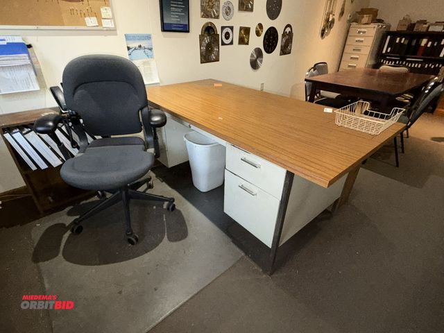 Lot 1-18933 - Contents of office furniture, includes 72" steel desk with wood top, (1) 72" credenza, (1) 60" wood ...