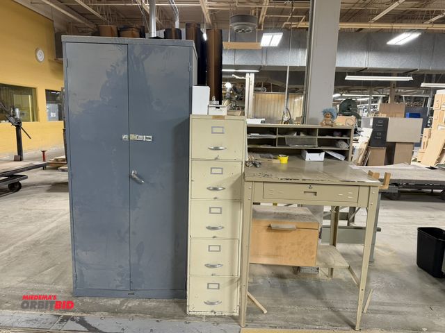 Lot 1-16407 - (1) 34" wide steel foreman's desk, (1) 5-drawer file cabinet 15" x 28", and (1) 36" 2-door cabinet w...