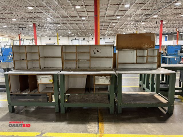 Lot 1-5237 - Set of (3) 48" width x 36.5" height x 30" depth heavy duty wood framed work benches, 2 with single d...