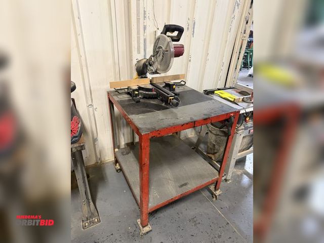 Lot 1-18555 - (1) Chicago Electric 10" compound slide miter saw, with rolling steel table, 32" x 32" x 39" tall.