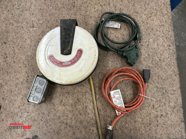 Lot 1-17723 - (1) approx. 7' extension cord with 3-gang plug, (1) 10' extension cord, and (1) Dayton 30' retractab...