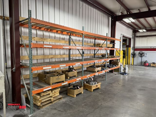 Lot 1-19495 - (3) sections of Teardrop style pallet racking, includes (4) 36" x 120" uprights (3" x 1.5"), (24) 96...