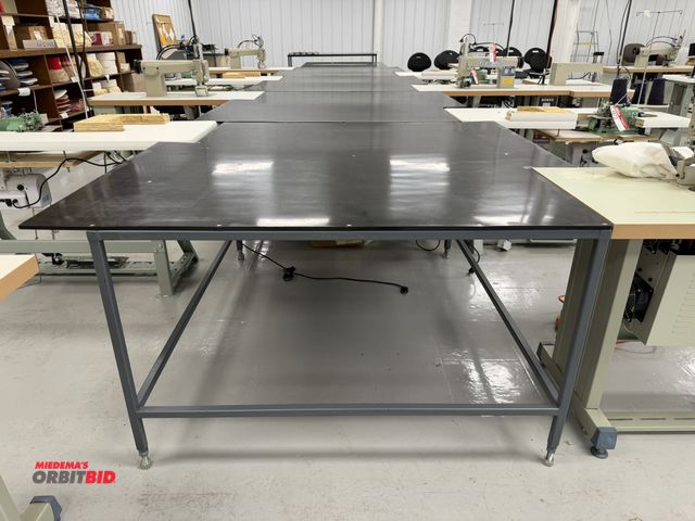 Lot 1-4890 - Lot of (5) steel framed, plastic top sewing tables, frames are 60" x 48" x approx. 29.5" tall, tops ...