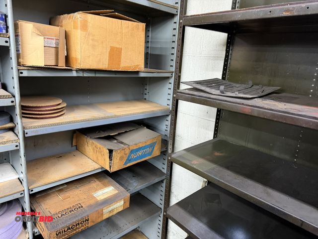 Lot 1-1830 - Entire contents of shelving unit shown in photos, includes (1) unopened box of 14" x 3/8" x 5" grind...