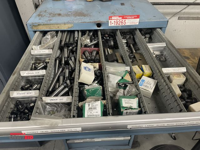 Lot 1-19266 - Contents of drawer #1, includes large lot of socket head shoulder bolts, various sizes, 1/2" x 1/2" ...