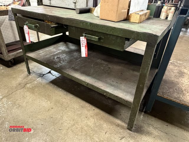 Lot 1-6345 - (1) steel shop table, 60" x 30" with 2 drawers, and 4" backsplash.