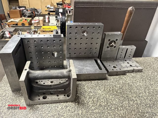 Lot 1-12386 - (2) 8" x 8" x 10" angle block, (1) 4" x 8" x 6" angle block, and (1) 4.5" x 5 1/4" x 4.5" angle bloc...