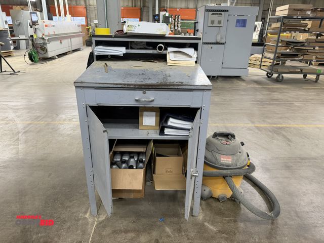 Lot 1-16708 - (1) foreman's desk, 34" x 30" with shop vac contractor vacuum, includes quarts of Busch vacuum pump ...