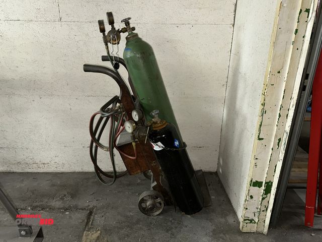 Lot 1-17764 - (1) wood oxygen/acetylene tank cart with 6.5" diameter steel wheels, approx. 20' of hose, torch, str...