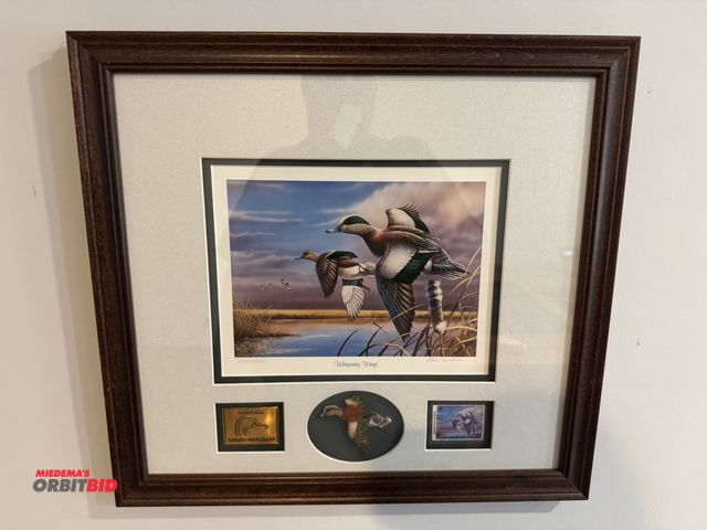 Lot 1-19582 - Lot of (5) 18" x 17" wood framed Ducks Unlimited photos with stamp and metal sponsor badge.