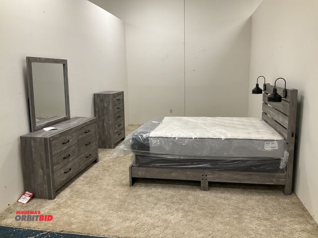Lot 1-17258 - Bedroom set including; matching Queen-size bed frame, box spring, mattress, vertical five-tier dress...