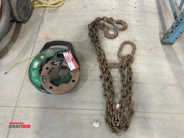 Lot 1-18860 - (1) Greenlee 436-10 100' nylon fish tape, (1) Southwire 50' steel fish tape, and (1) 2 pt. lift chai...