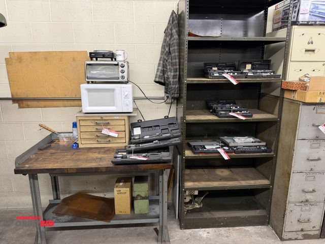 Lot 1-1795 - (1) steel framed butcher block style shop table, 48", and (1) adjustable metal shelving unit, 36" x ...