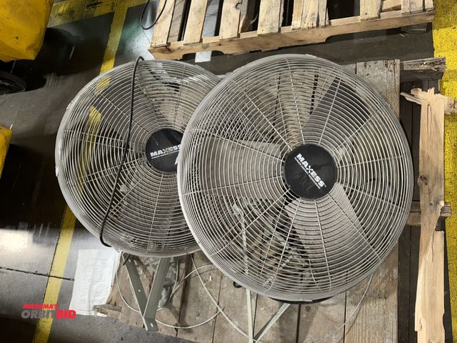 Lot 1-5346 - Lot of (2) Maxess, 120V, single phase post mount fans with approx. 26" diameter cages and 3 blades, ...