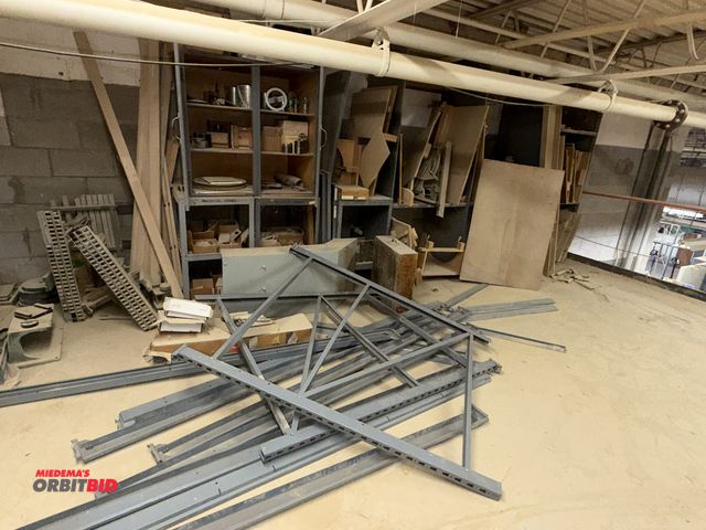 Lot 1-17054 - (1) metal shelving unit, approx. 12' long x 24" deep with assorted wood and contents, and (1) 2-door...