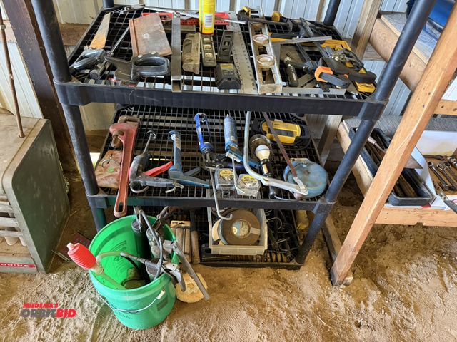 Lot 1-8472 - (3) shelves of assorted hand tools, includes levels, hand saws, Quick Grip clamps, tape measures, ca...