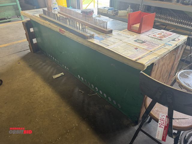 Lot 1-18765 - (1) 8' long x 32" tall x 31" depth wood framed work bench with steel backing and (4) shop stools, (1...
