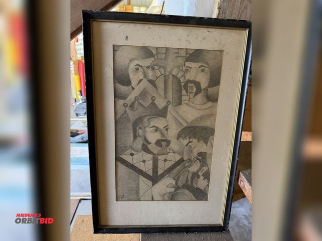 Lot 1-14237 - (1) hand drawn, framed picture, mid-century style drawing/sketch, likely a portrait in cubist or mod...