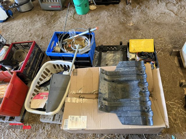 Lot 1-8496 - Large lot of assorted items, includes gaskets, hoses, hinges, skid plates, air compressor, regulator...