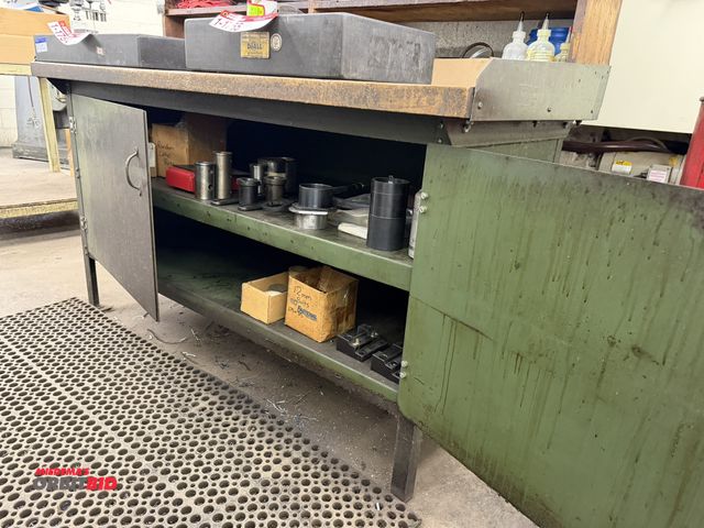 Lot 1-1758 - (1) 60" x 30" deep 2-door metal shop table with butcher block top, includes contents of lathe toolin...