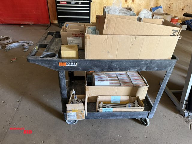 Lot 1-13164 - (1) Rubbermaid cart with assorted new plumbing fixtures, includes some 9", 7/8" fill valve toilet, 1...