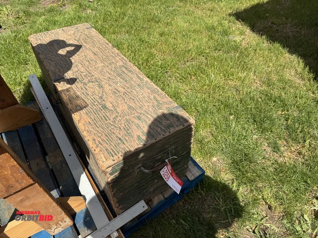 Lot 1-3258 - (1) Wooden builders box with assorted tools and levels