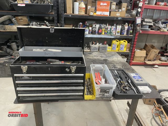 Lot 1-18769 - (1) Husky ball bearing style tool box with assorted hand tools, includes drill bits, sockets, oil wr...