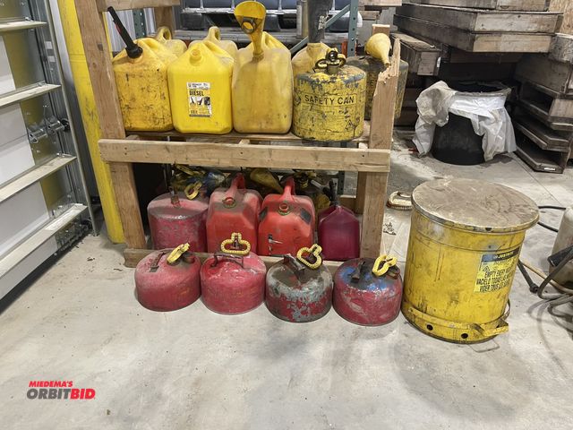 Lot 1-18808 - Large lot of assorted fuel cans, includes (12) diesel, (8) fuel, and (1) Just Rite oily waste can.