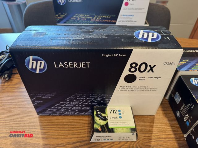 Lot 1-19586 - (1) new Hewlett Packard 80X black high yield toner cartridge, and (1) Design Jet 712, 3 pack office ...