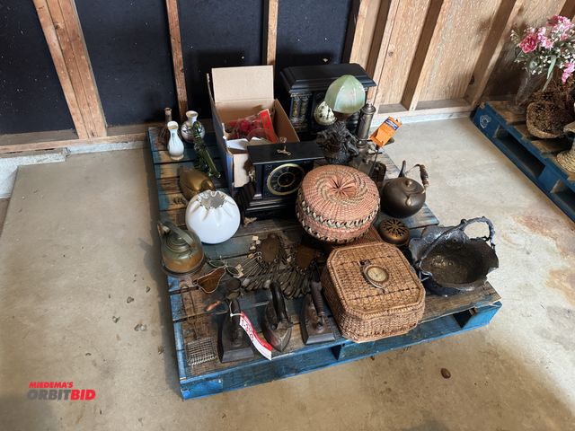 Lot 1-3126 - Lot of assorted decorations, clocks, irons, and more