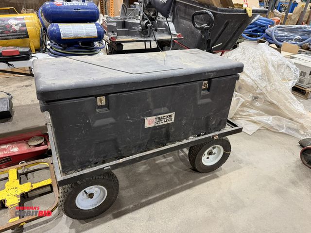 Lot 1-18600 - (1) Lawn Wagon with tool box, 46" long x 30" wide with Tractor Supply poly style tool box, 43" wide ...