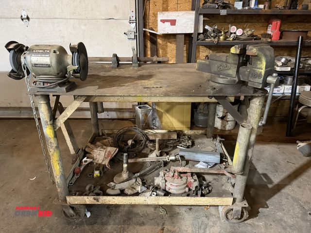 Lot 1-1500 - (1) 48" width x 36" height x 36" depth steel, 2-tier cart with a Delta, model 23-680, 6" bench grind...